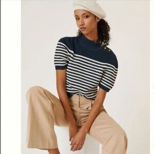 Maeve Nautical Puff Sleeve Navy and White Striped Turtleneck Sweater Tee